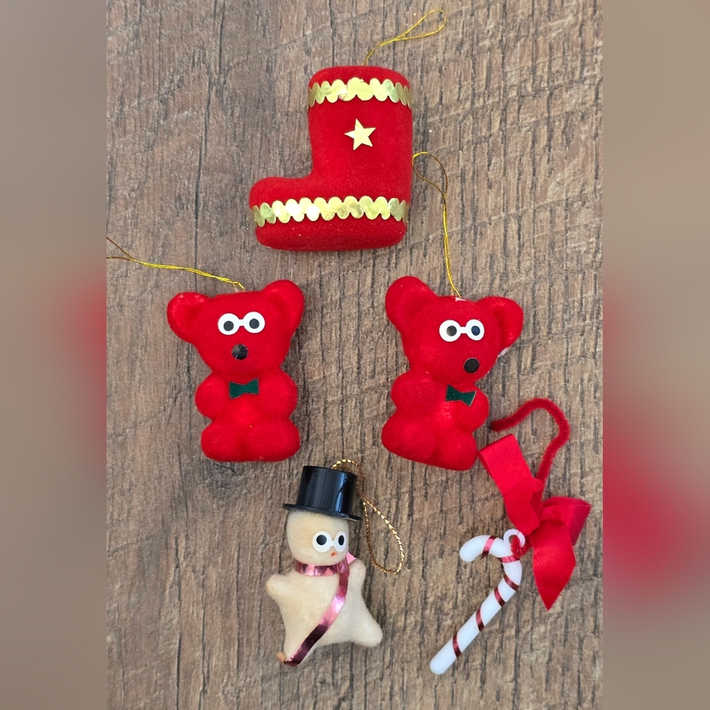 Lot of 4 Vintage Miniature Flocked Christmas Ornaments Bear Snowman Boot